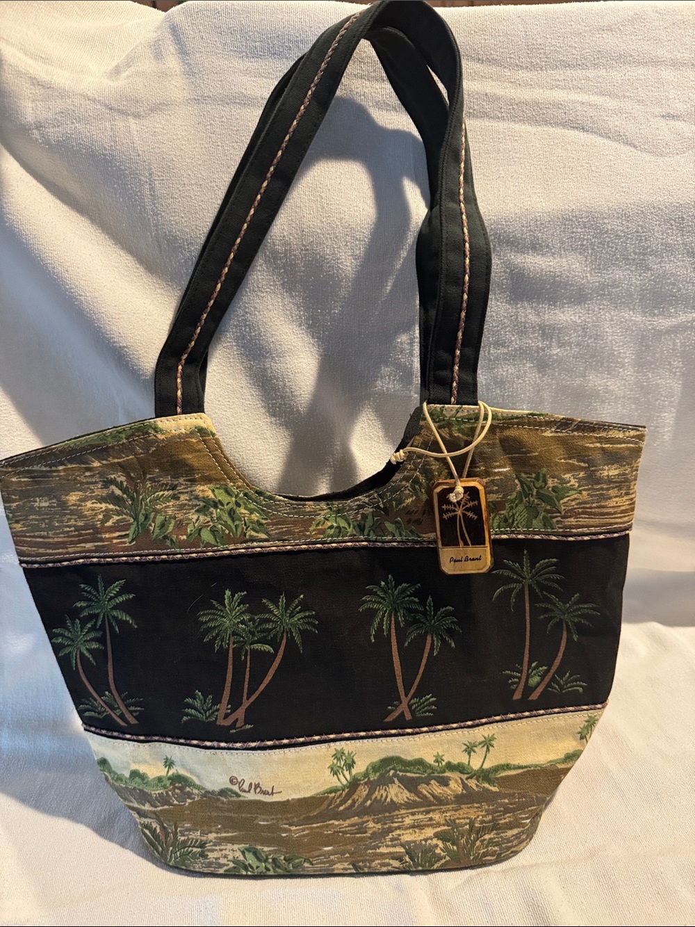 Paul Brent Tropical Palm Print Tote Bag in Black and Olive